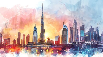 Wall Mural - A vibrant watercolor depiction of a city skyline at sunset, showcasing modern architecture and urban beauty.