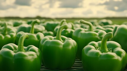 Wall Mural - Bountiful harvest, lush green peppers flourishing in sunkissed field 