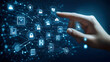 © Daniel - Hand touching a digital screen with icons of technology and online network connection, cloud storage, or security system on a dark blue background.