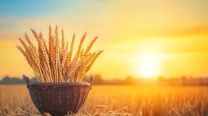 Wall Mural - Golden sunset over wheatfilled basket in serene field, harvest scene 