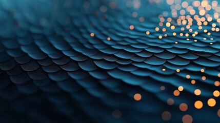 Abstract textured surface with scalloped pattern and bokeh lighting in blue and orange hues creating an artistic and wave-like effect