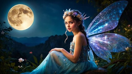 Wall Mural - A beautiful fairy and the moon, dreamy atmospheric animation