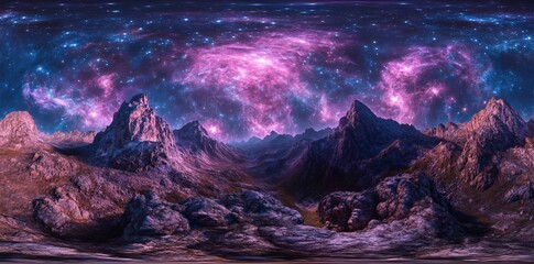 Wall Mural - A high-definition equirectangular image capturing a 360-degree space background with a nebula and stars, serving as an environment map for a spherical panorama.