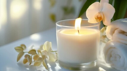 Poster - Burning candle sits on a table next to rolled up white towels and an orchid flower, creating a tranquil and relaxing spa atmosphere perfect for pampering and wellness treatments