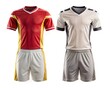 © Ольга - Two sets of soccer uniforms are displayed, one in bold red and yellow, the other in sleek white and gray, representing teamwork and athleticism in sports