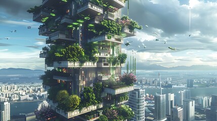 Wall Mural - A futuristic skyscraper covered in greenery, blending nature with urban architecture, showcasing sustainability and innovation.