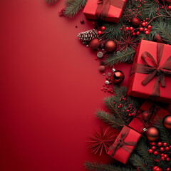 Wall Mural - red christmas background with gifts & decorations