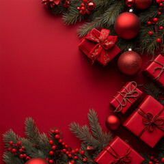 Wall Mural - red christmas background with gifts & decorations