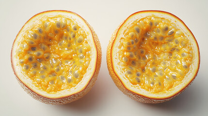 Sticker - Two halves of a passion fruit, showcasing the vibrant yellow pulp and numerous small seeds.  A close-up shot highlighting the texture and juicy interior.