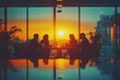 © Sunshine - Silhouetted Business Meeting in Modern Office with Vibrant Sunset View Through Large Windows