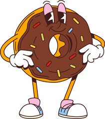 Poster - Cartoon retro donut groovy character. Isolated vector vibrant doughnut pastry dessert personage with funky smile, chocolate glaze and colorful sprinkles, embodies a 70s vibe, with a wide, cheery smile