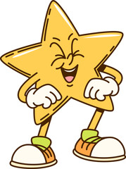 Poster - Groovy star math geometric figure character. Isolated cartoon vector cheerful yellow twinkle star personage with a happy laughing expression brings a fun vibe to children geometry classes education