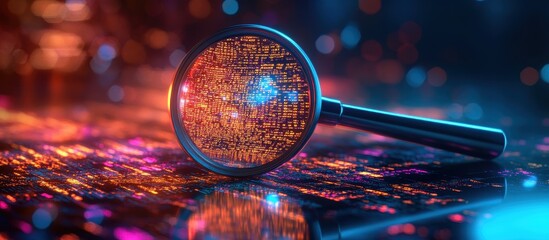 Wall Mural - magnifying glass on digital circuit board with vibrant neon lights and bokeh background