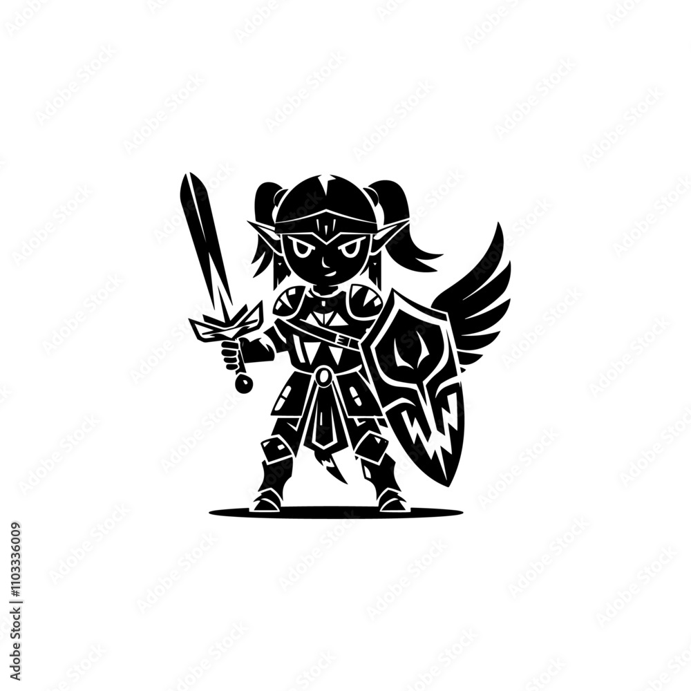 Silhouette stunning demon girl knight with Shield and Sword stands ...