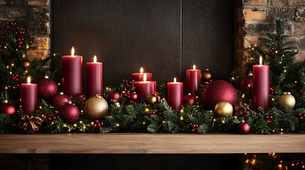Wall Mural - elegant festive scene featuring red candles golden ornaments green garlands and shimmering lights cr