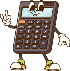 Aufkleber - Groovy calculator school education and stationery character. Isolated cartoon vector fun office supplies personage with smiling happily, ready for math lesson and calculation tasks with retro vibes