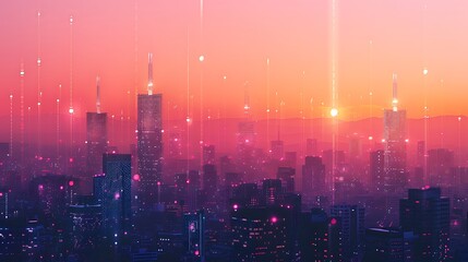 Wall Mural - A vibrant city skyline at sunset, with glowing lights and a dreamy atmosphere.