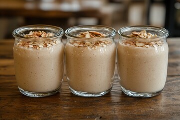 Wall Mural - Almond Smoothie. Healthy Banana Shake with Cinnamon and Oat Flakes in Glass Jars