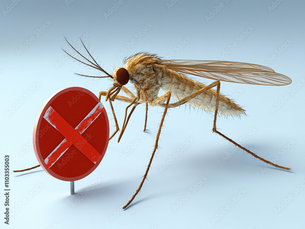 realistic 3D render of mosquito interacting with red prohibition sign ...
