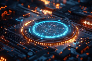 Wall Mural - futuristic circuit board with glowing neon lights and central processor in a high-tech digital envir
