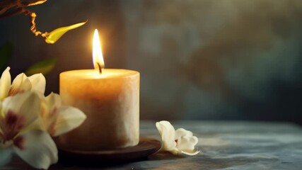 Aufkleber - Burning candle sits on a wooden coaster, emanating a warm glow, surrounded by delicate white flowers, evoking a sense of tranquility and peace, perfect for a spa or wellness setting
