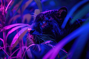 Panther in the jungle. Neon purple blue light