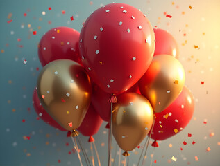 Red and Gold Balloons with Confetti for a Festive Celebration