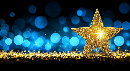 Wall Mural - shimmering golden star with glitter stands out against vibrant blue bokeh background, creating festi