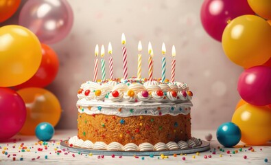 A festive birthday cake with colorful decorations and lit candles surrounded by balloons birthday backdrop party anniversary banner design 