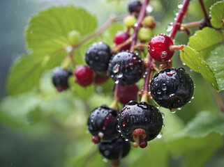 Wall Mural - Blackcurrants in a Rainy Orchard