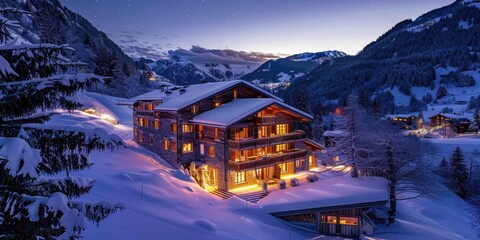 Wall Mural - A cozy Swiss chalet nestled in a snowy valley, with warm golden lights shining from the windows under a crisp, star-filled night sky. 