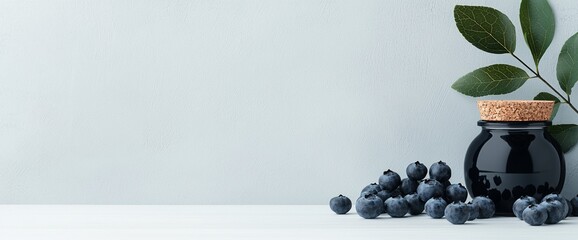 Wall Mural - Blueberries and dark jar on white background.