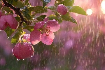 Wall Mural - Spring rain, blooming flowers, beautiful nature background