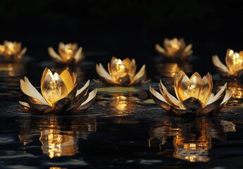 Wall Mural - Golden lotus flower on water, reflection of light and shadow, black background