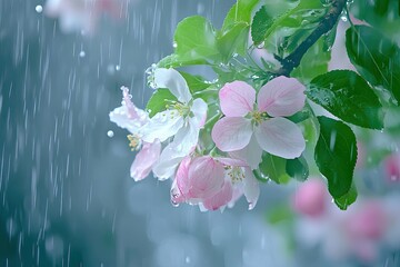 Wall Mural - A beautiful spring rain scene with delicate pink and white blossoms hanging from the branches, with droplets of water glistening in their petals against a soft green background