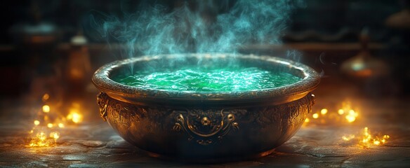 Wall Mural - halloweenthemed cauldron bubbling with bright green potion set against a mystical background with eerie shadows and an ornate frame evoking a sense of magic and mystery