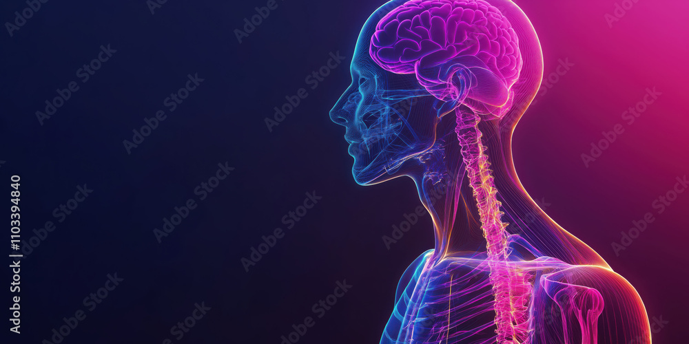 Colorful visualization of human brain and spinal cord anatomy in side ...