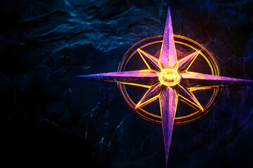 Wall Mural - glowing compass rose silhouette isotated on black background.