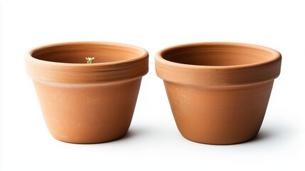 Two clay flower pots side by side on a plain background for gardening enthusiasts