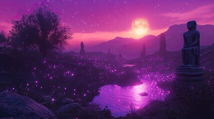 a purple sky with a moon and a tree in the foreground
