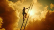 © Solo Leveling - A silhouetted figure climbs a ladder towards the sun, symbolizing aspiration and the pursuit of dreams amidst a backdrop of dramatic clouds.