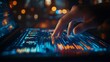 © LuvTK - Close-up of fingers using a laptop touchpad to scroll through a vibrant spreadsheet, colorful data grids and charts displayed on a high-resolution screen,