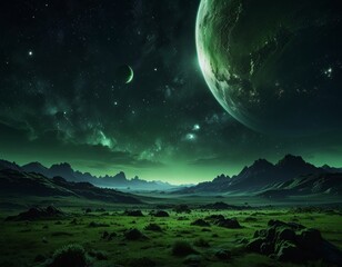 space green landscape, alien green landscape with cosmic horizon. futuristic mountains and planetary