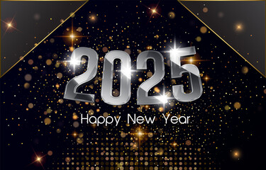 2025 happy new year template banner with modern 3d text effect and beautiful sparkle luxury shiny ornament abstract gradient black background design 37