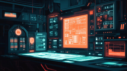 screen of digital elements with floating windows icons and lines of code representing a high-tech workspace
