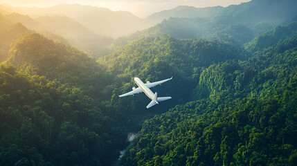 Aerial view of an airplane flying over lush green mountains, showcasing the beauty of nature and travel.