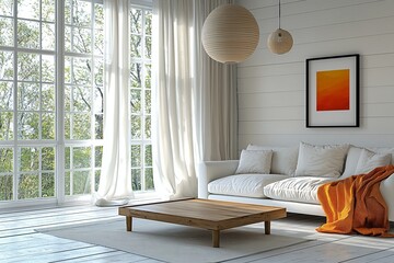 A living room photo of a Scandinavian interior and japandi interior combination of a living room with a window and sofa and table. Generative AI
