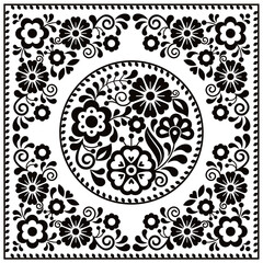 Poster - Mexican folk art style vector greeting card design with round floral pattern in frame, floral embroidery style from Mexico in black and white Non AI generated
 