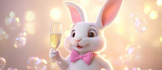 Wall Mural - Cute white bunny with a pink bow, drinking champagne and making bubbles, against a pastel background