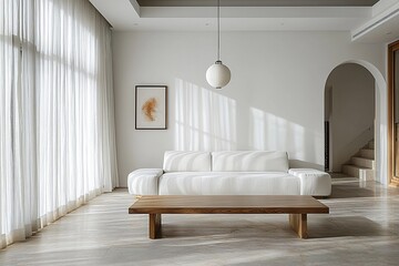 A modern living room photo of a white-finished interior with a Scandinavian interior and a japandi interior combination with a sofa and table. Generative AI
